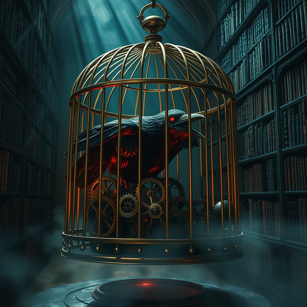 Steampunk Mechanical Raven Escapes Brass Cage in Gothic Libr...