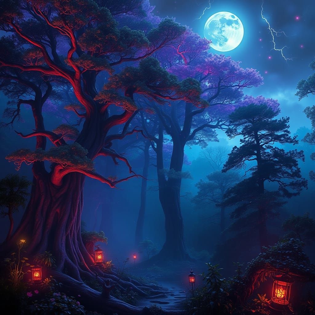 Enchanted Forest at Night in Dark Romanticism Style
