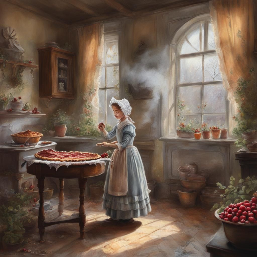 Girl Cuts Berry Pie: Gouache and Watercolor Painting