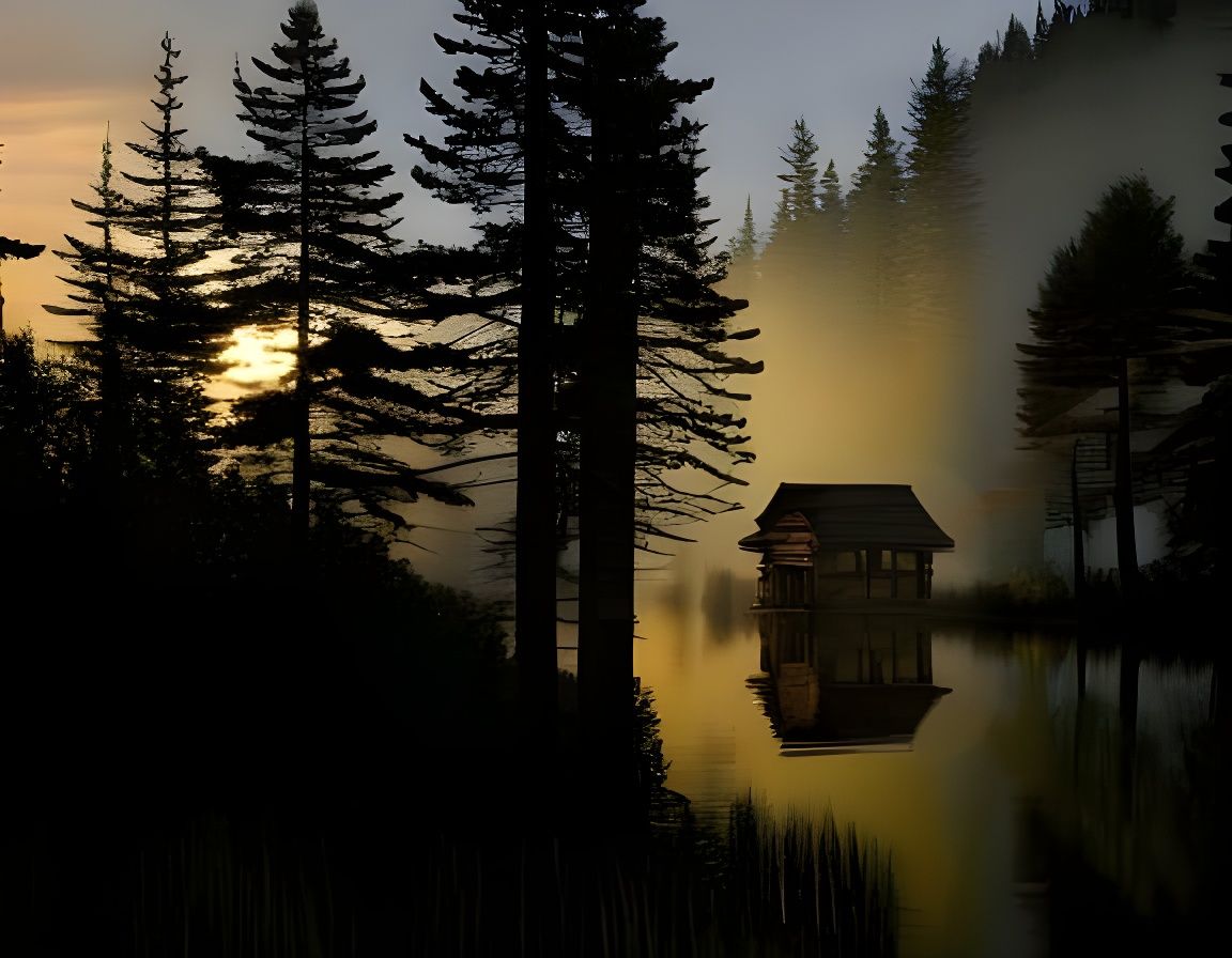 forest cabin next to a lake