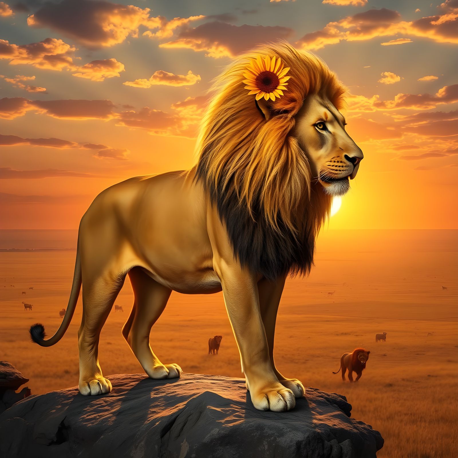 Sunflower Lion in Hyperrealistic African Sunset