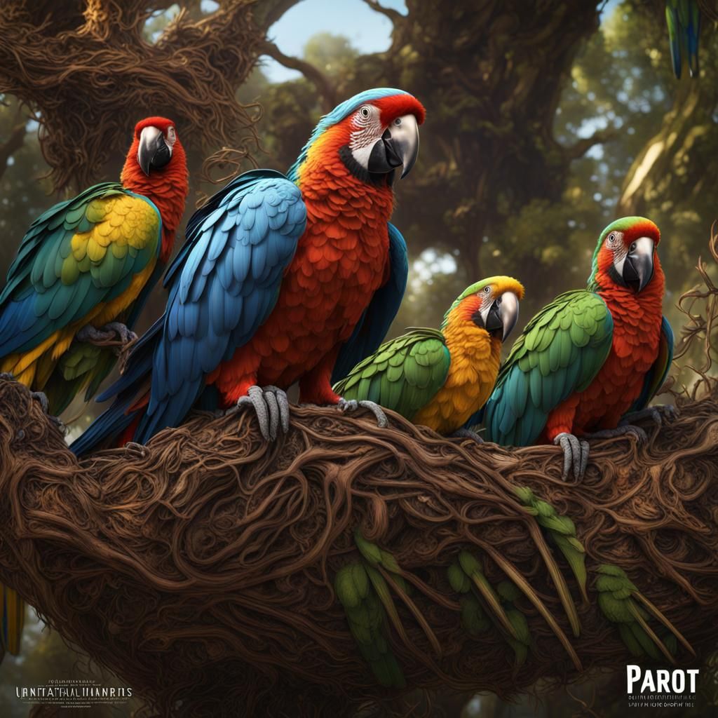 Colorful Parrot Nests in a Fantasy Art Style
