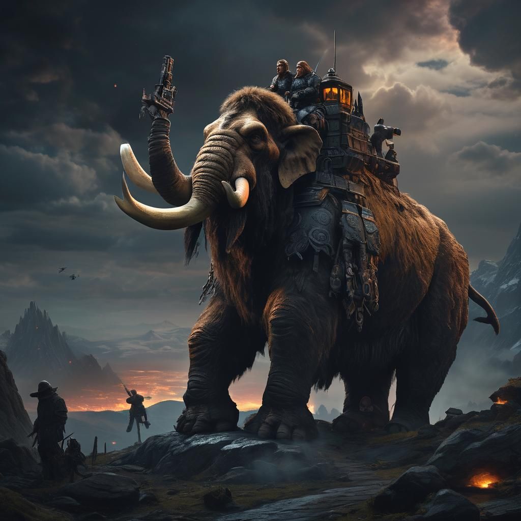 Neanderthal Mammoth Rider and UFO: Dark Fantasy Art