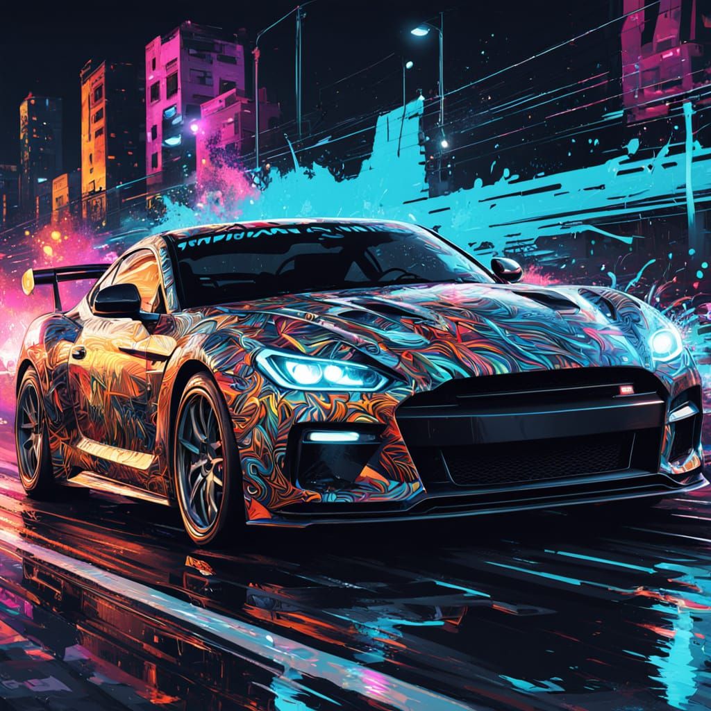 High-Speed Sports Car Speeds Past Cityscape at Night