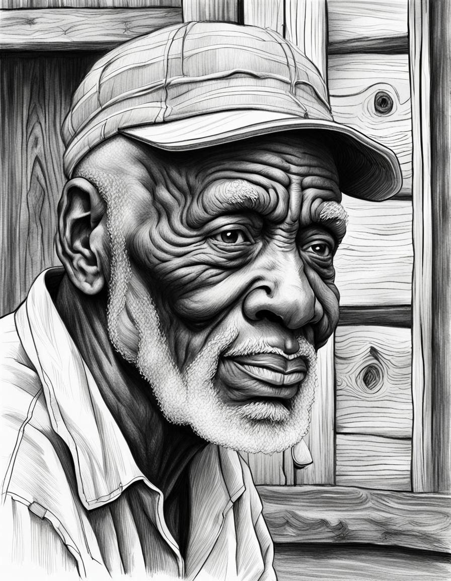 storyboard frame, a pencil drawing of a closeup line pencil drawing of a elderly black man detailed face with wrinkles a...