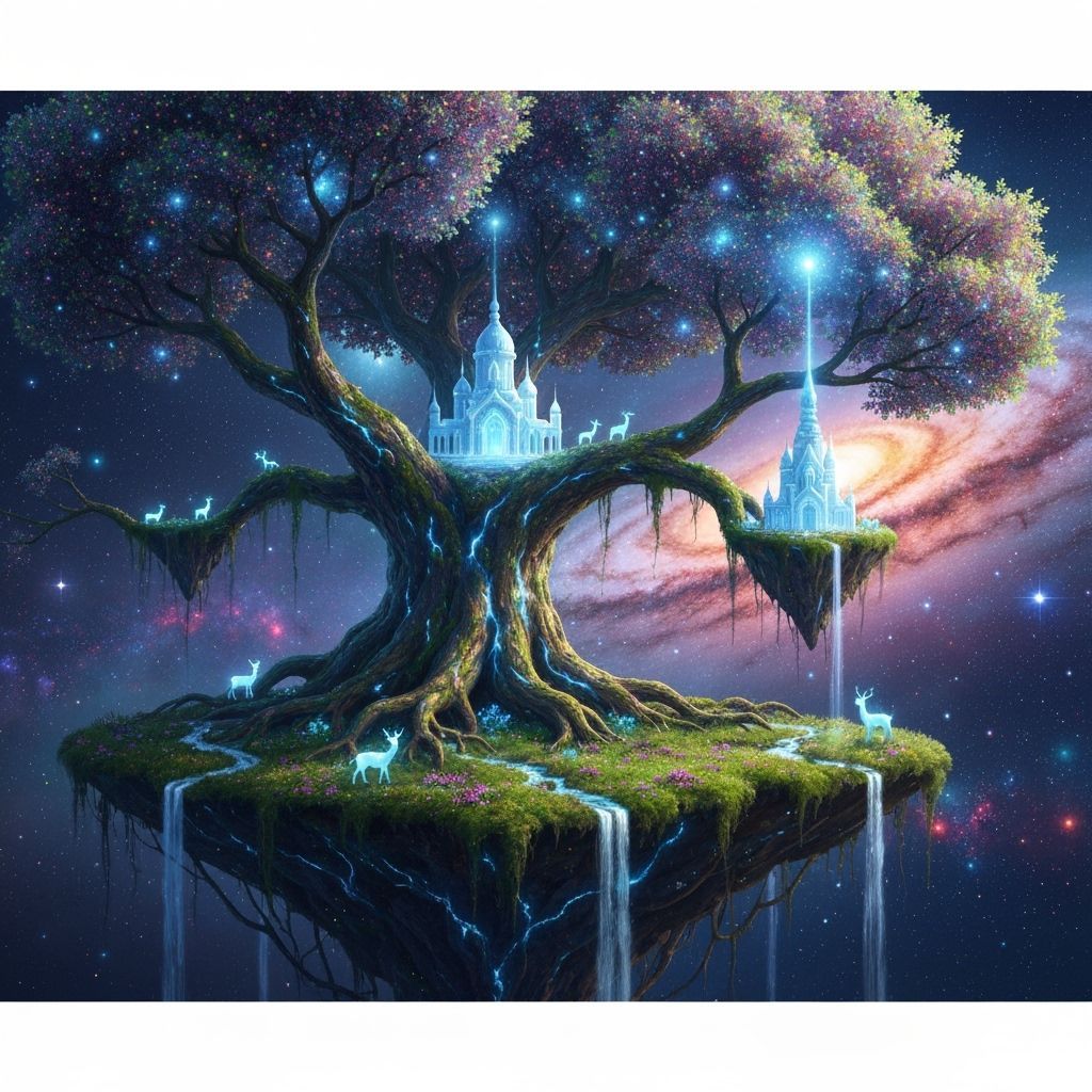 Cosmic Tree on Floating Island, Ethereal Temple, Galactic Vi...