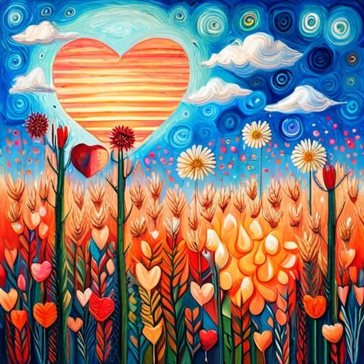 Mixed Media Art: Flowers, Sun, and Heart