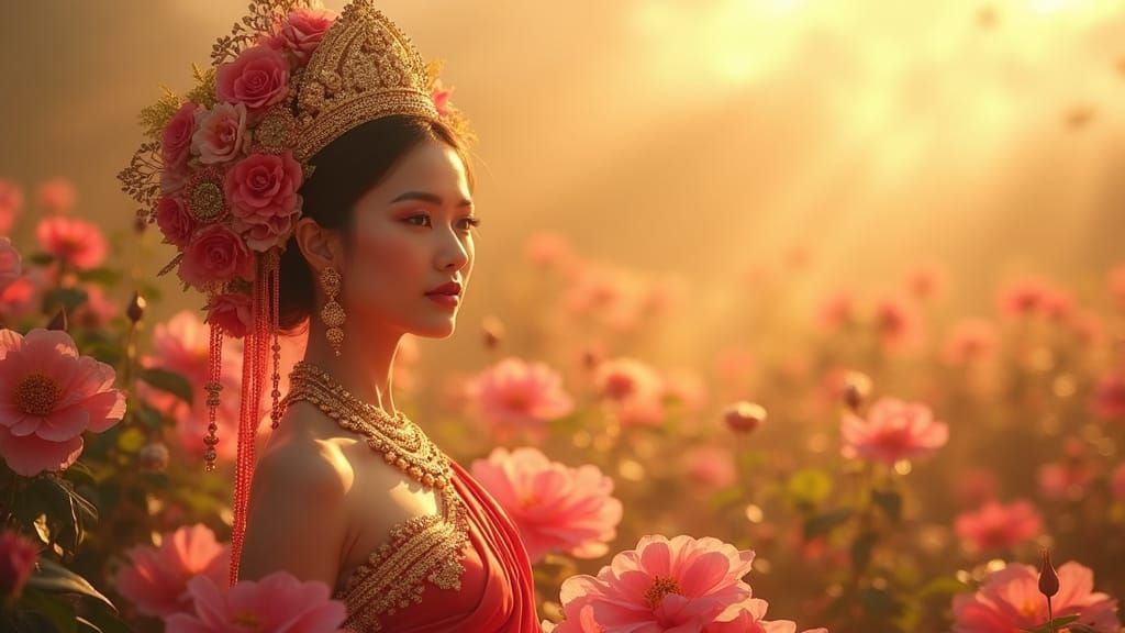 Burmese Princess in Ethereal Neon Flower Garden