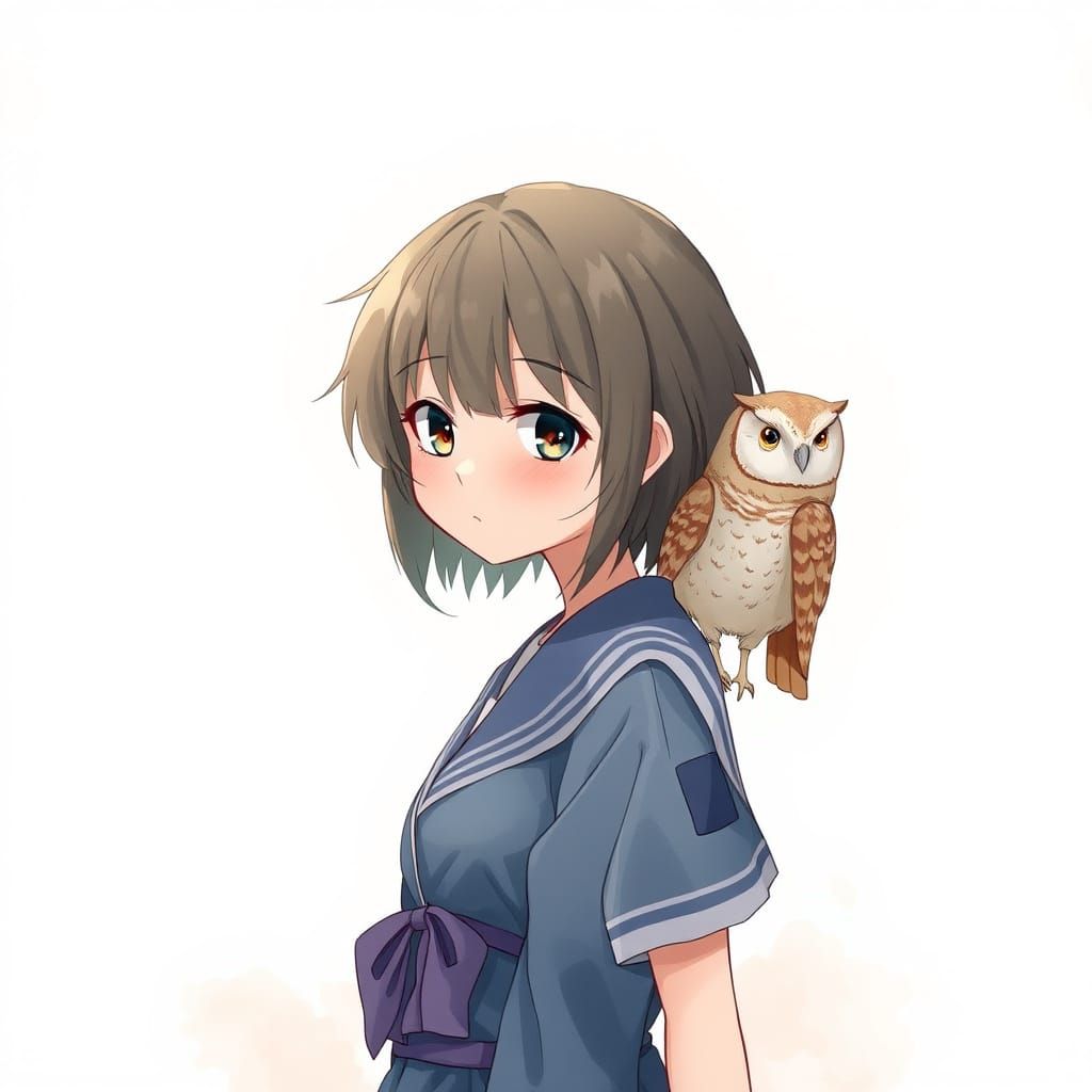 Anime Girl with Owl in Watercolor Style