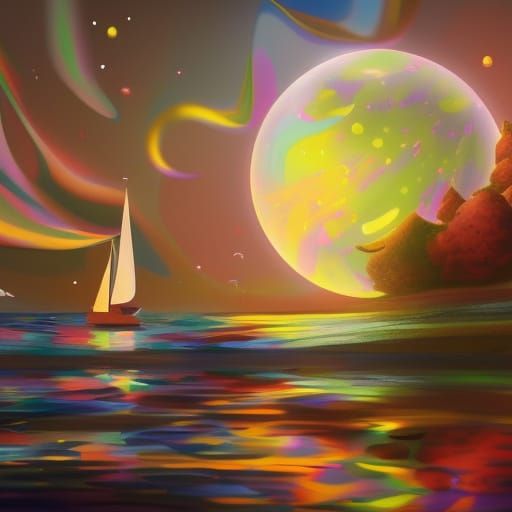 Sailboat Under Moonlight with Meteor Shower in Candy Art