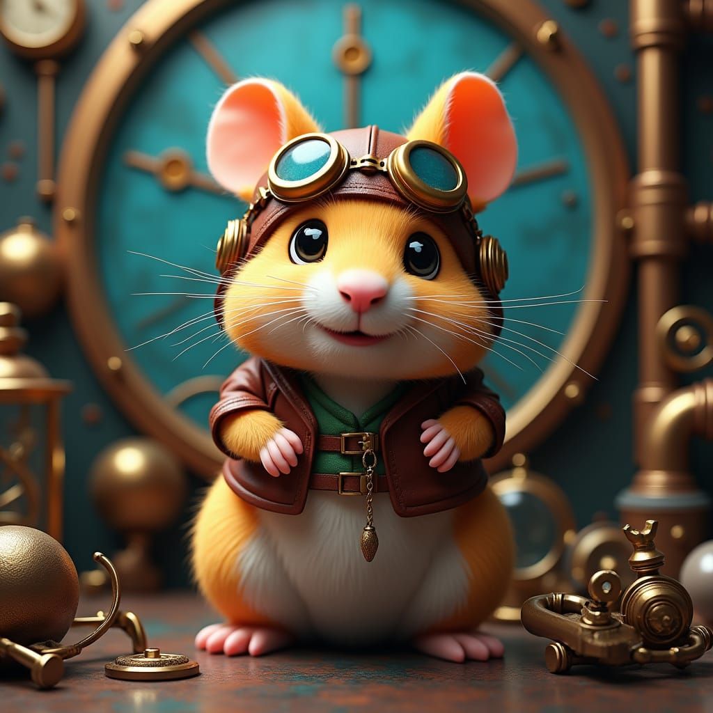 Steampunk Hamster with Brass Goggles and Clockwork