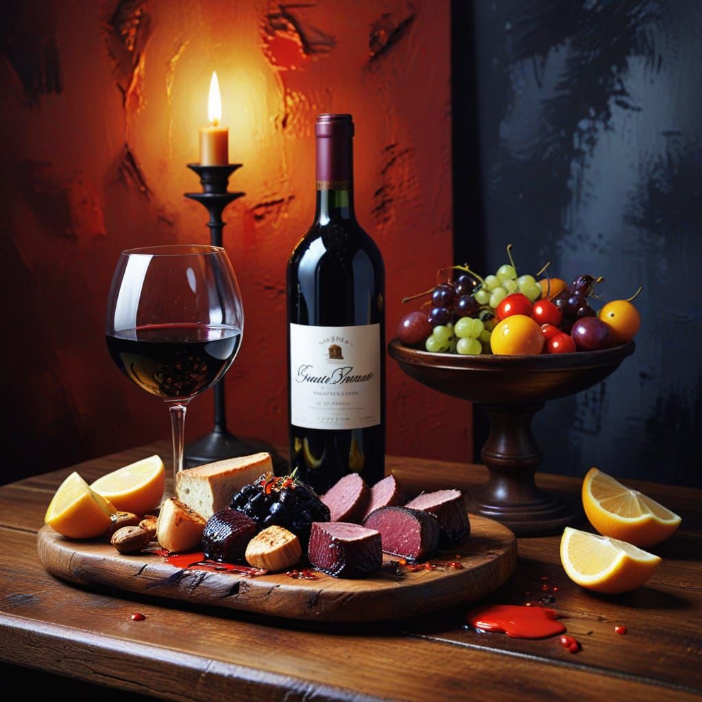Vibrant Oil Painting of Red Wine and Tapas