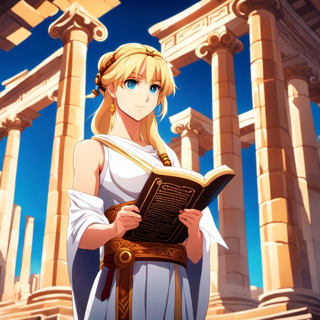 Anime-Style Blonde Girl in Ancient Greek Temple