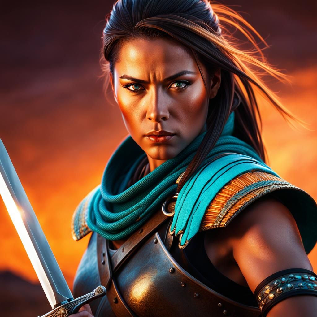 Desert Warrior Sharpening Sword: Digital Art Portrait