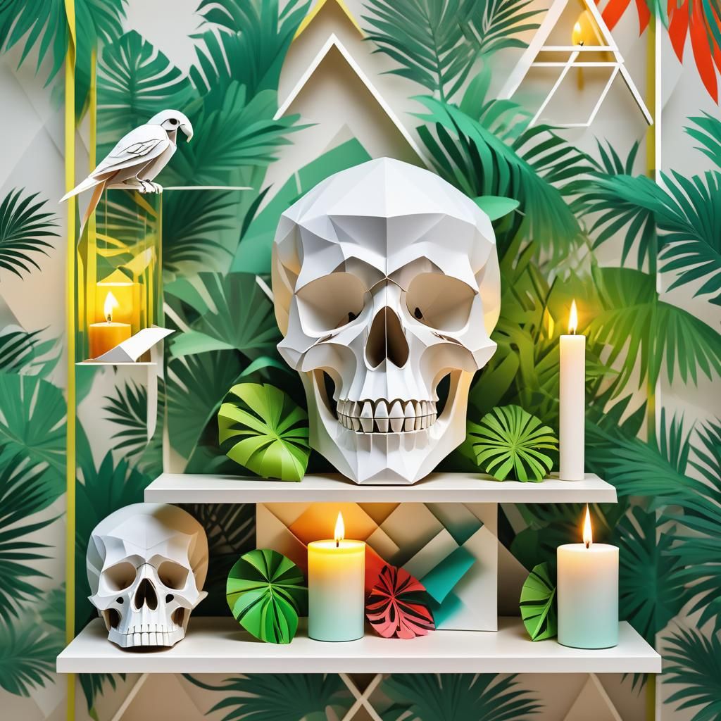 Skull on Shelf with Tropical Wallpaper
