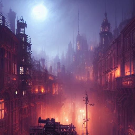 Steampunk Cityscape at Night in Dark Fantasy Style
