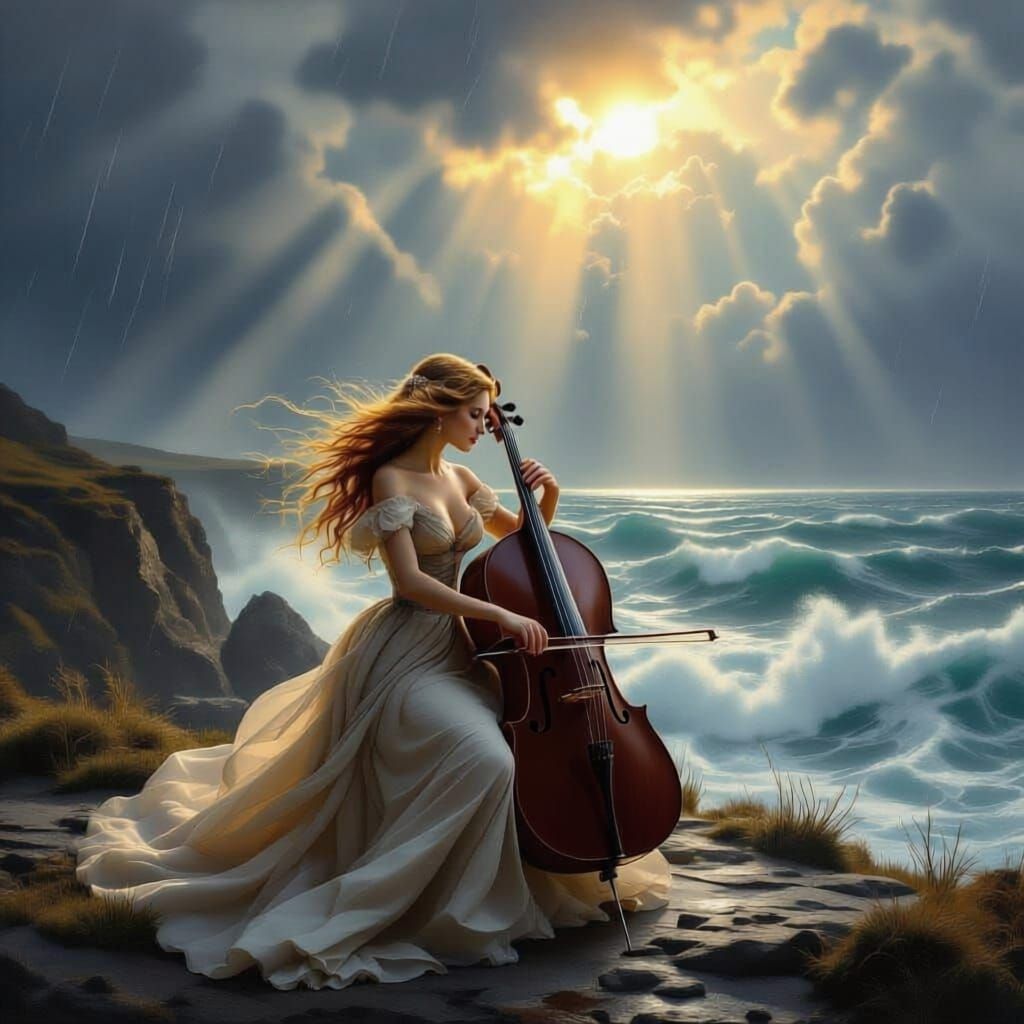 Regency Woman Plays Cello on Stormy Cliff in Golden Sunlight