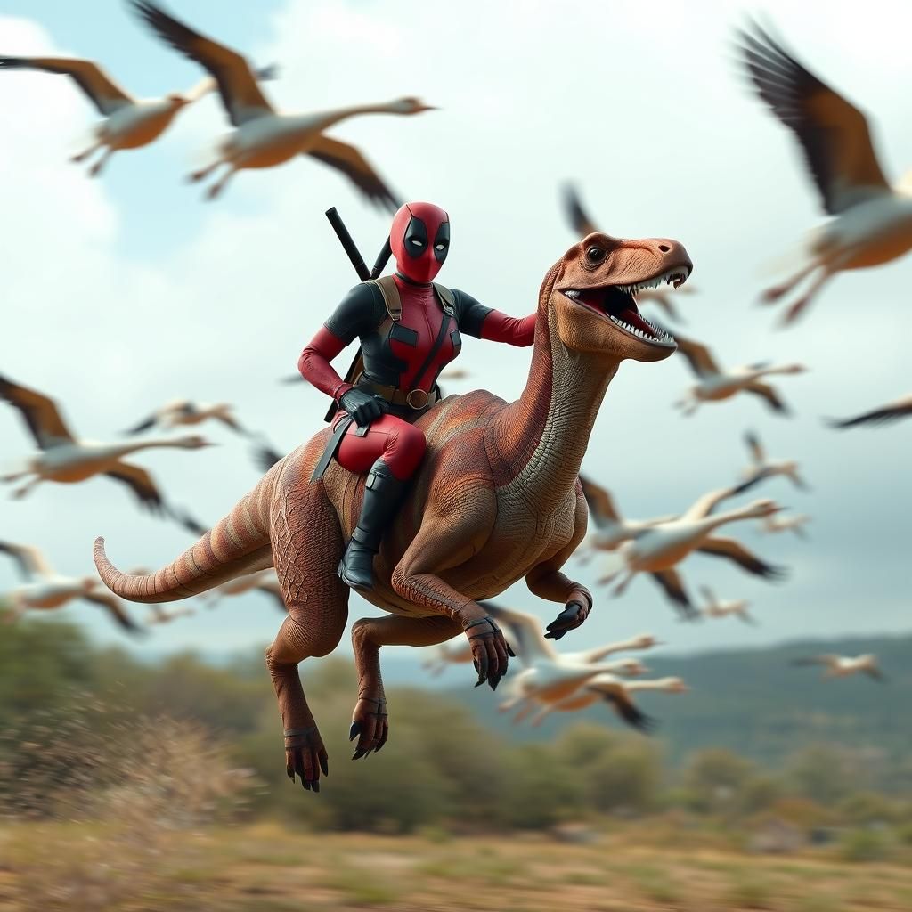 Lady Deadpool on Velociraptor: Whimsical Digital Art