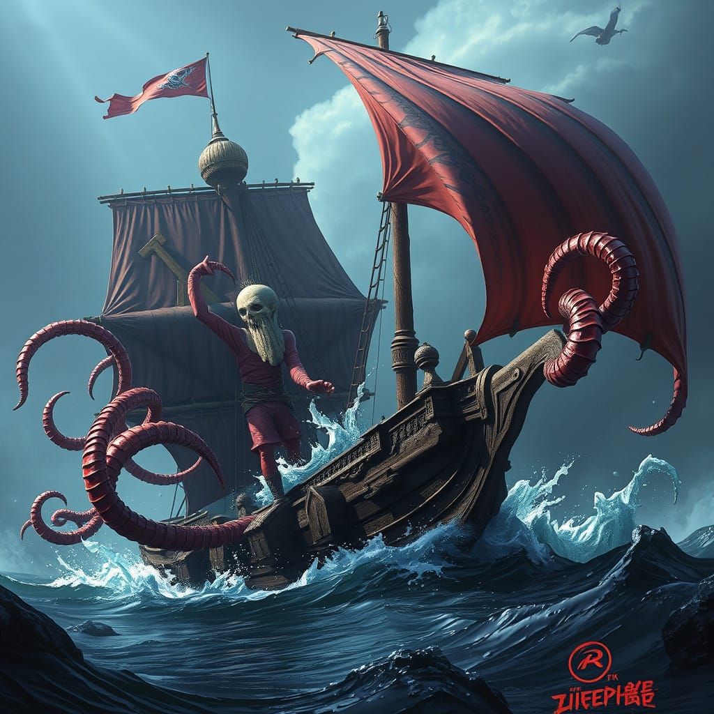 Squid Battles Pirate Vessel in Epic Fantasy Scene