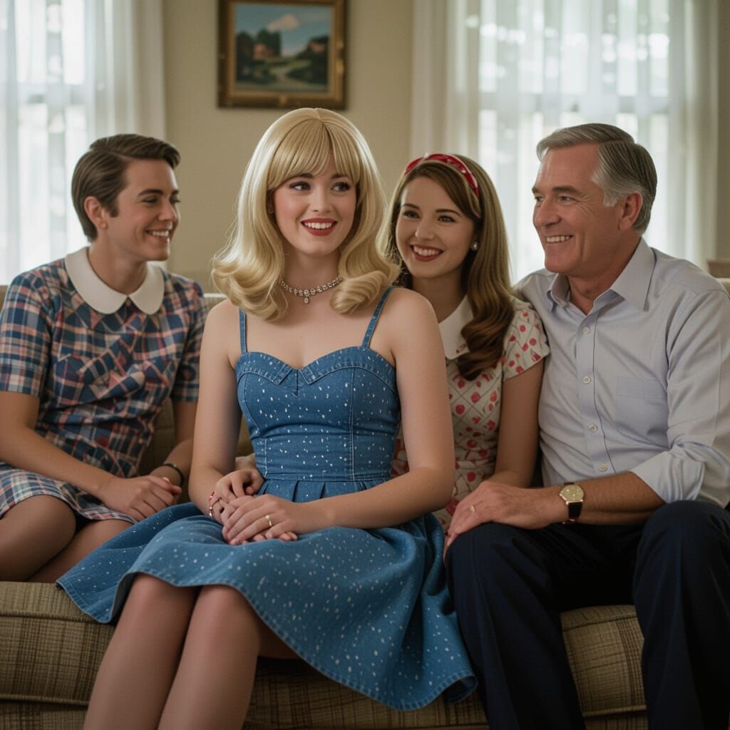 Embarrassed Guy Crossdressing in 60s Style Denim Dress