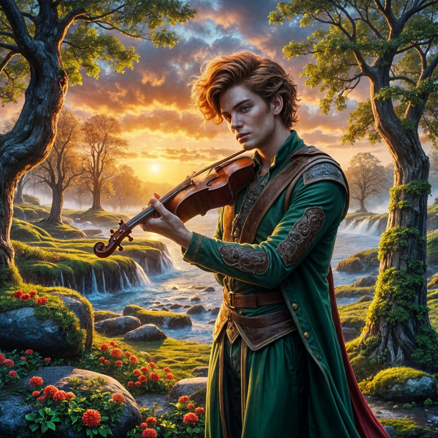 Mysterious Irish Fiddler Amidst Sunset Glow