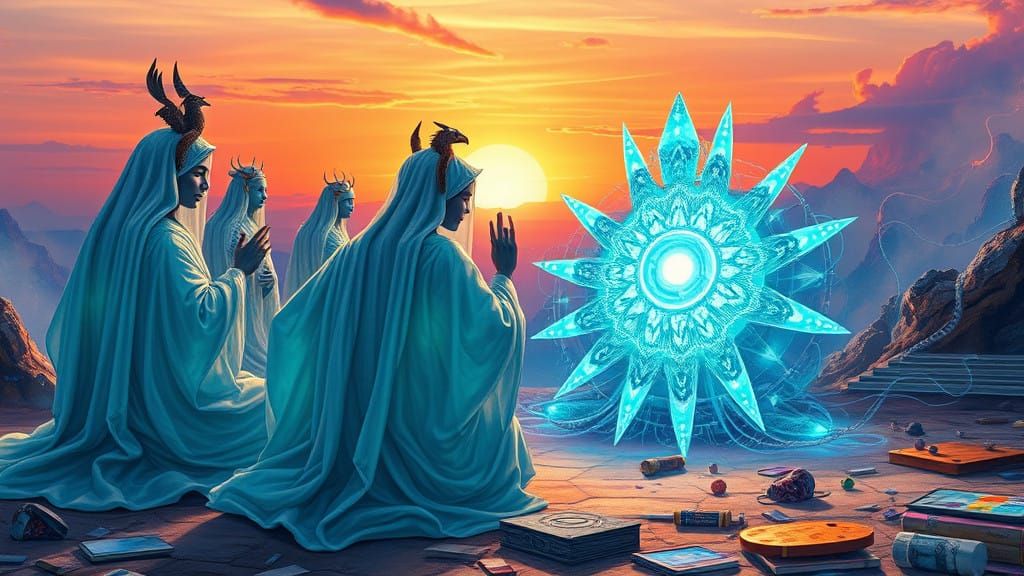 Deities in Crystalline Robes, Surrounded by Ethereal Lights....