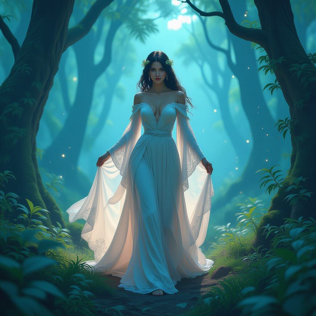 Ethereal Mother Nature Emerges From Bioluminescent Forest