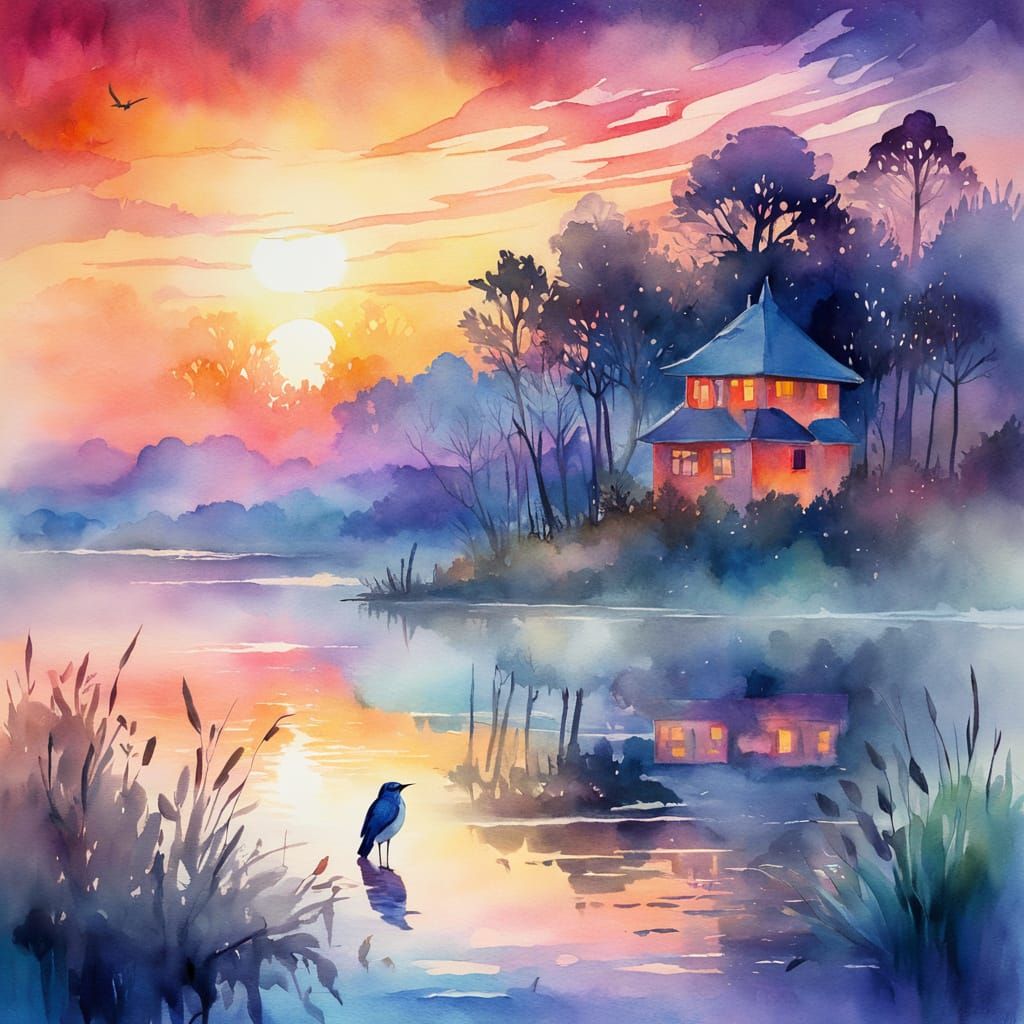 Enchanting Nightingale: Watercolor Fantasy Landscape