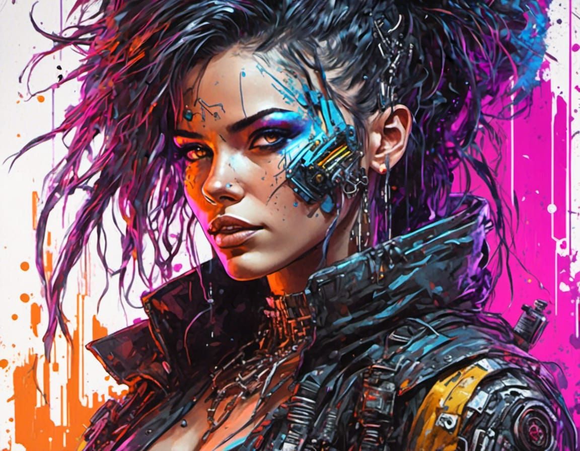 Cyberpunk Cyborg Bounty Hunter in Watercolor Portrait