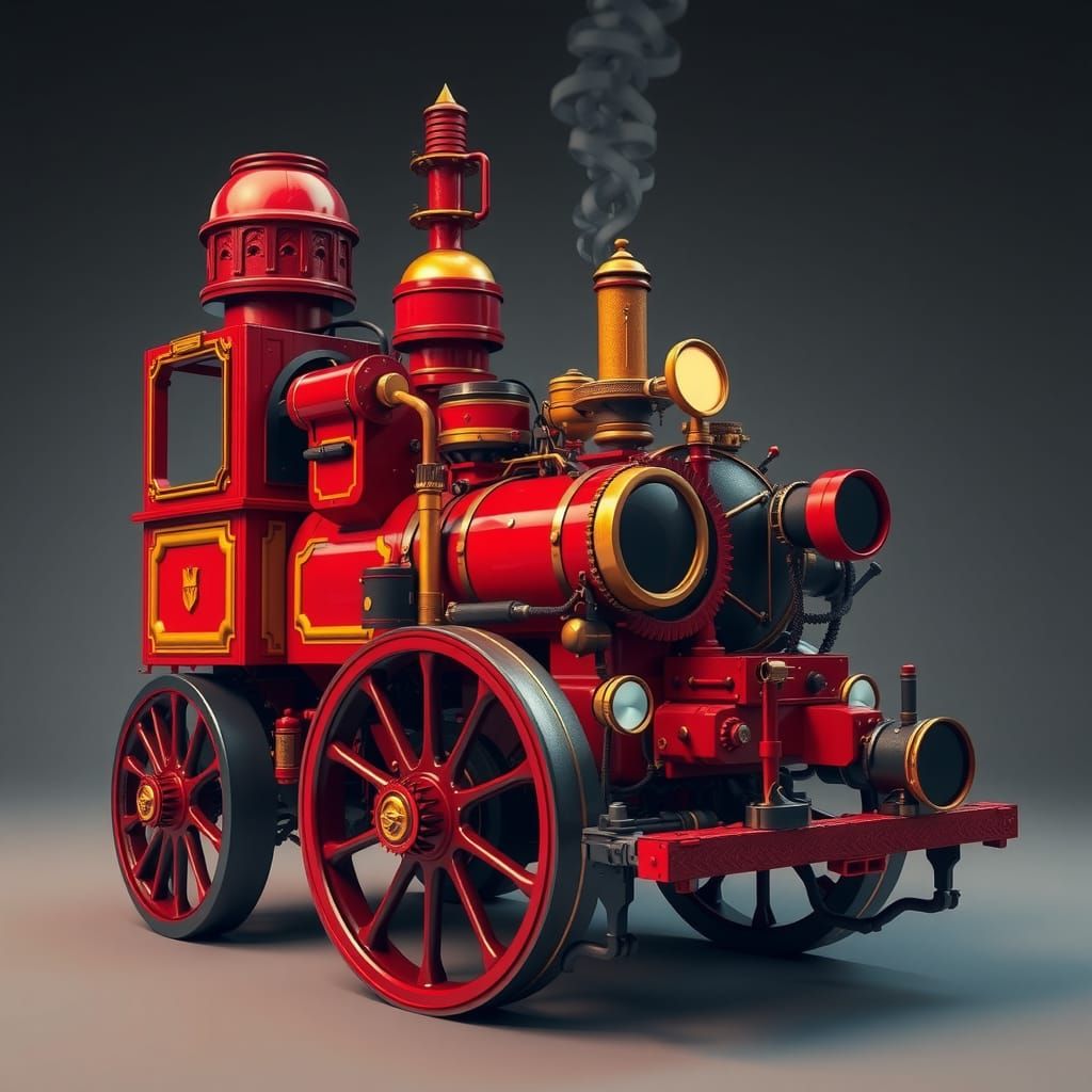 Steampunk Fire Engine in Red and Yellow