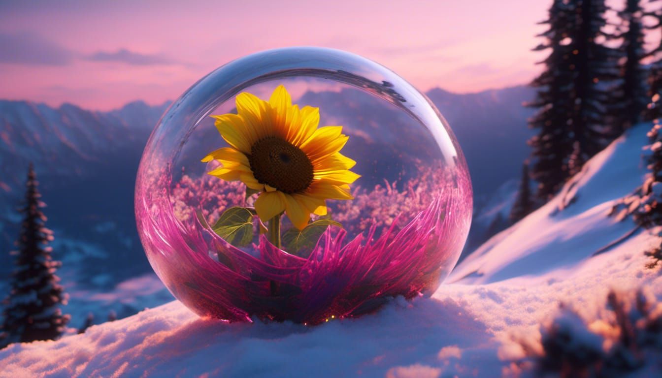 Neon Sunflower in Glass Ball on Snowy Mountain