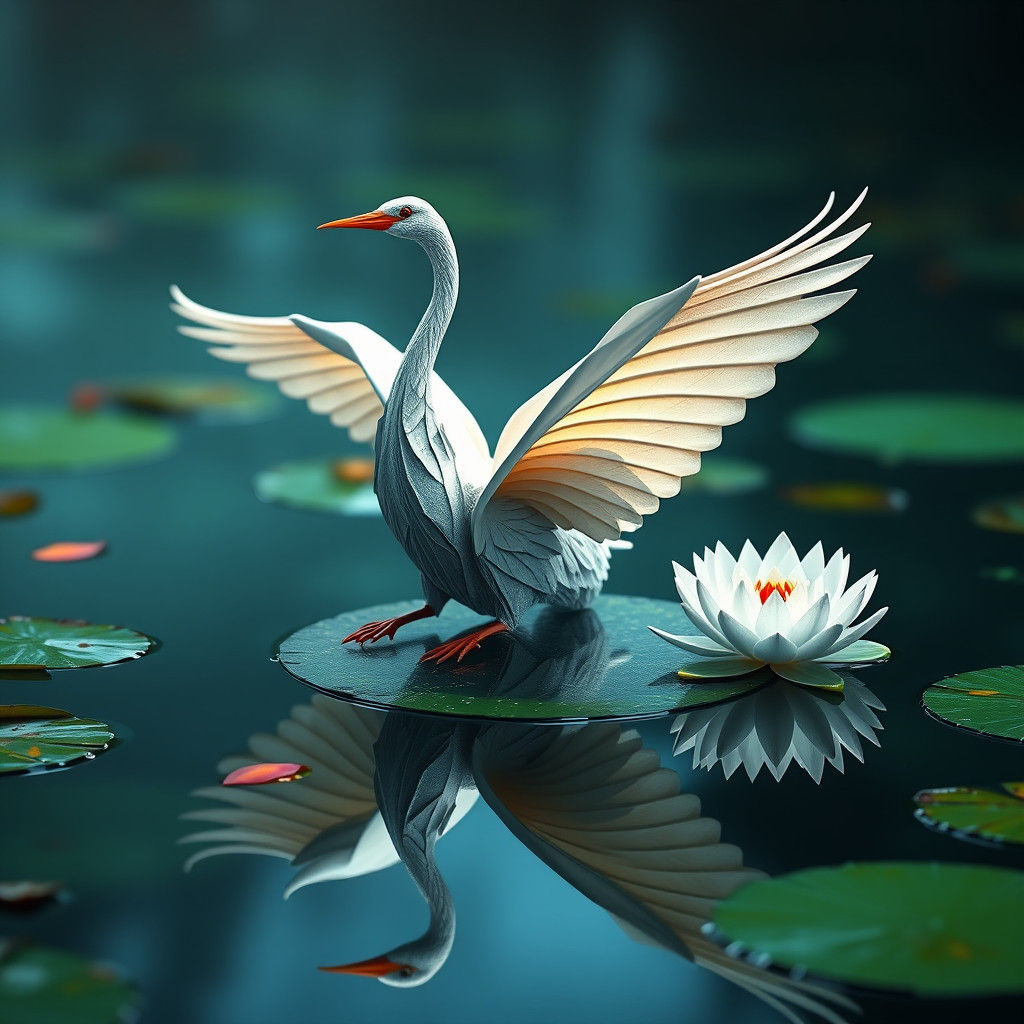 Origami Crane Water Lily Matte Painting in 8K