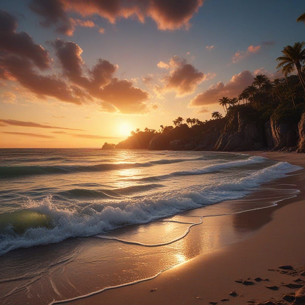 Ethereal Sunset on a Tropical Beach in Vibrant 8K Resolution