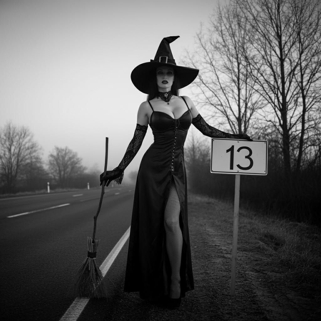 Striking Witch with Sign on Roadside