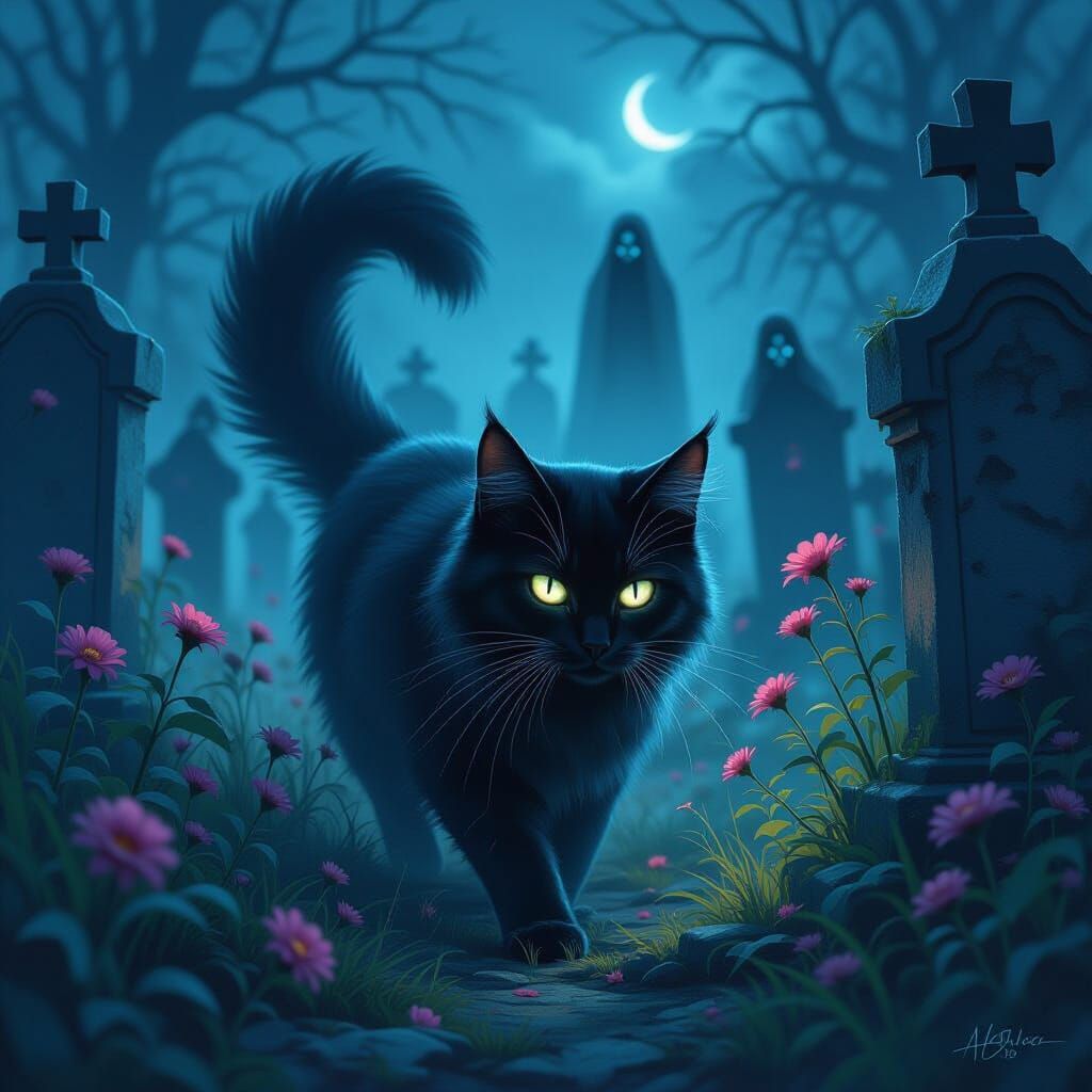 Ethereal Cat in Cemetery: Gothic Romance Art