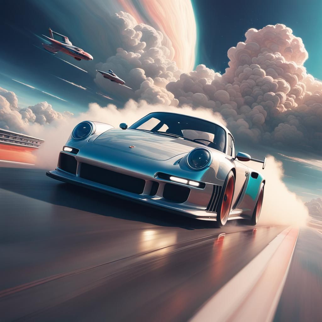High-Speed Sports Car in Surreal Cloudscape
