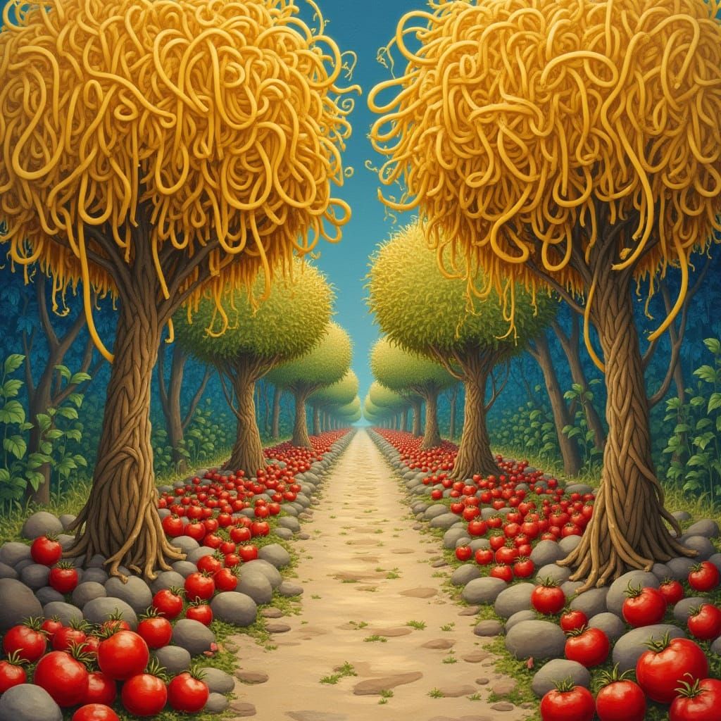 Spaghetti Tree Grove in Gouache Painting Style