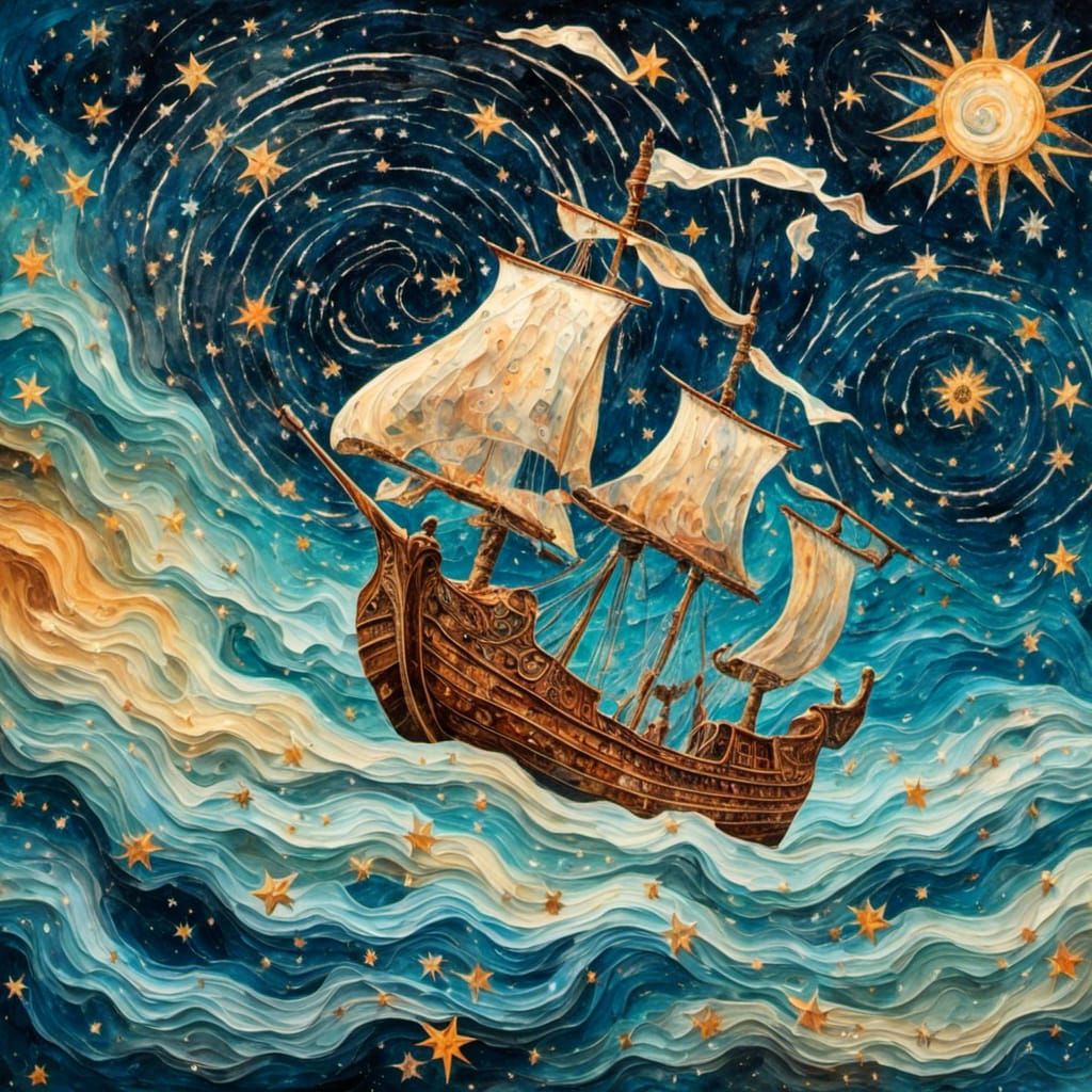 Viking Ship Sailing Through Starry Sky