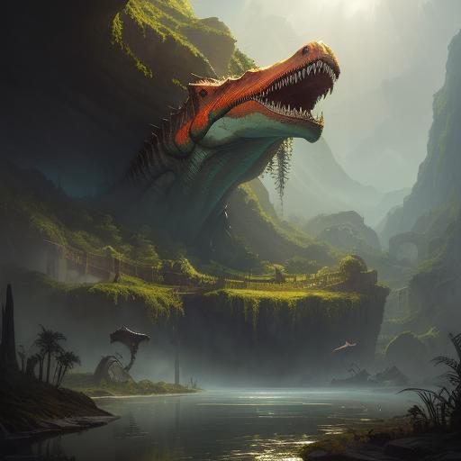 Spinosaurus in Lush Cave Concept Art