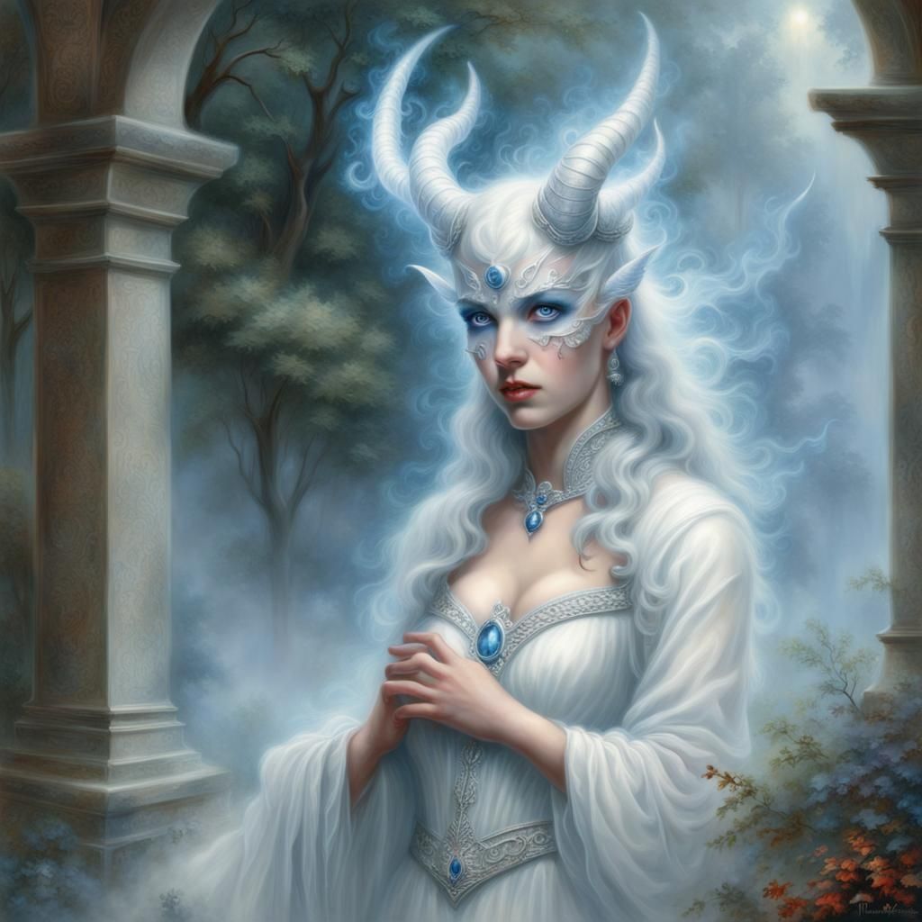Ethereal Blue-Eyed Figure in a Fantasy Landscape
