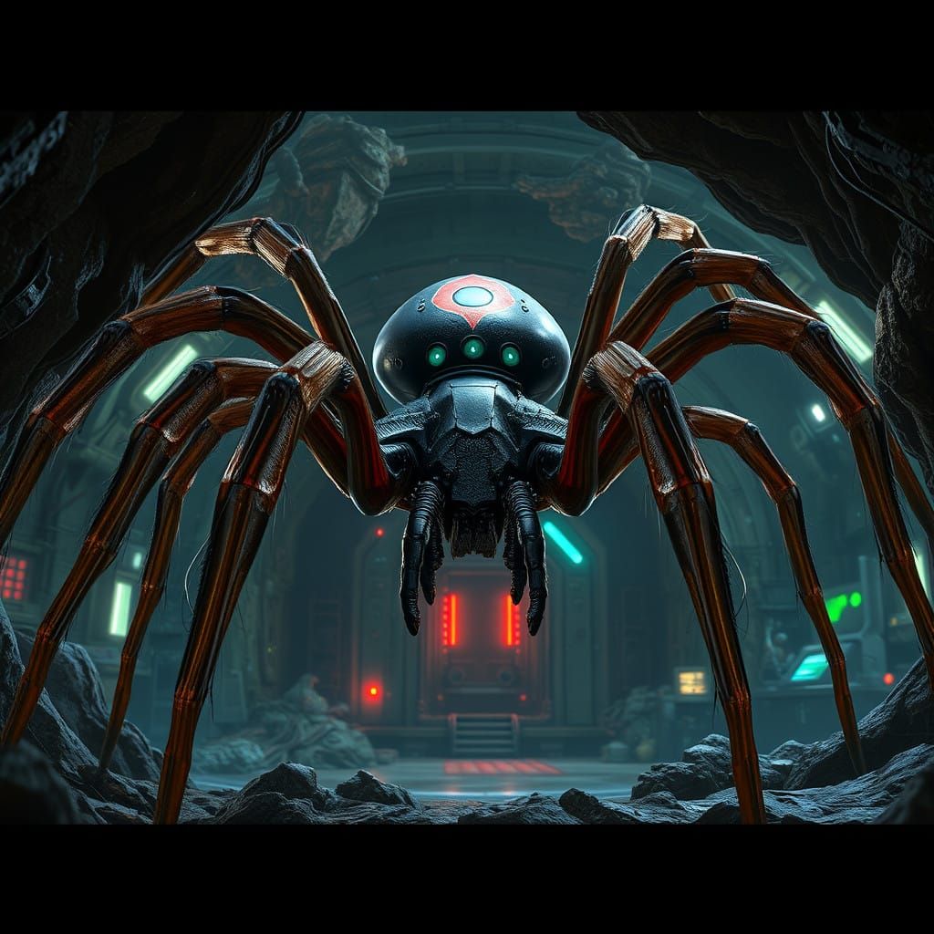 Giant Black Widow in Cyberpunk Cave Lab