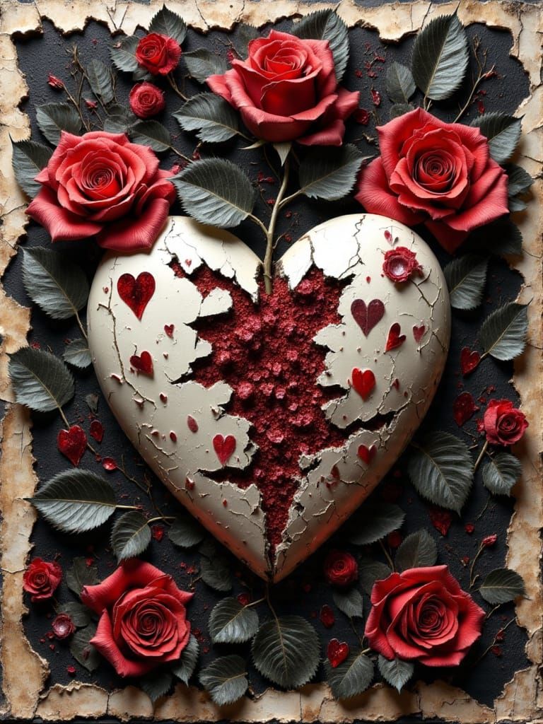 Fragmented Heart with Roses in Mixed Media Style