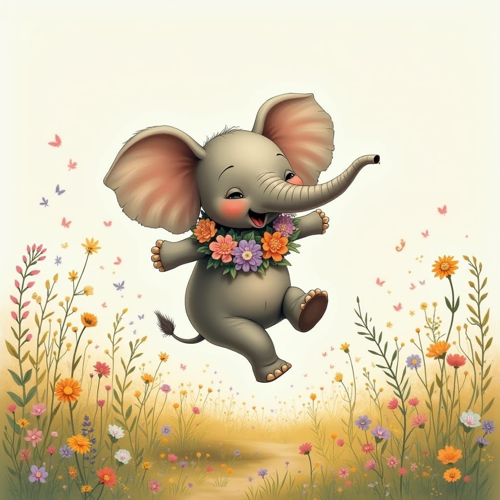 Elephant in a Whimsical Field of Wildflowers