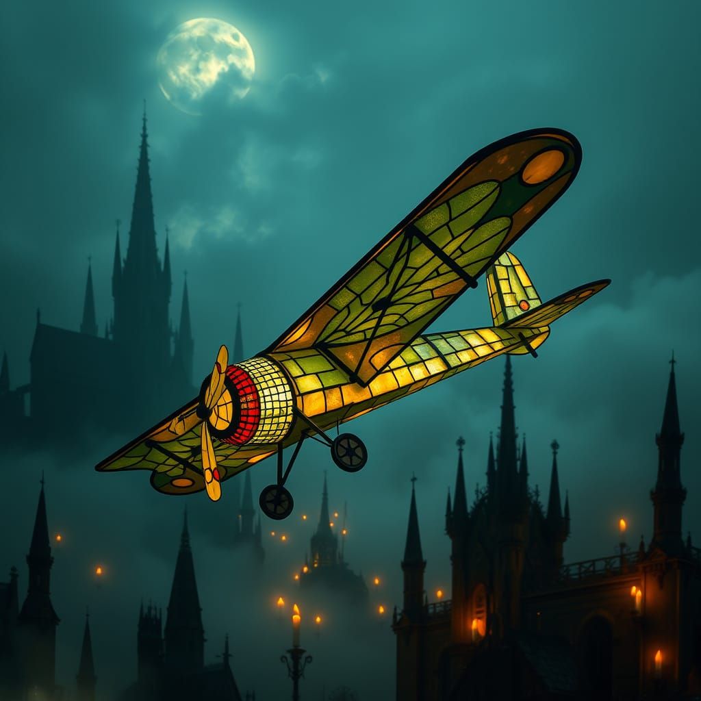 Stained Glass Biplane in a Gothic, Surreal Dreamscape