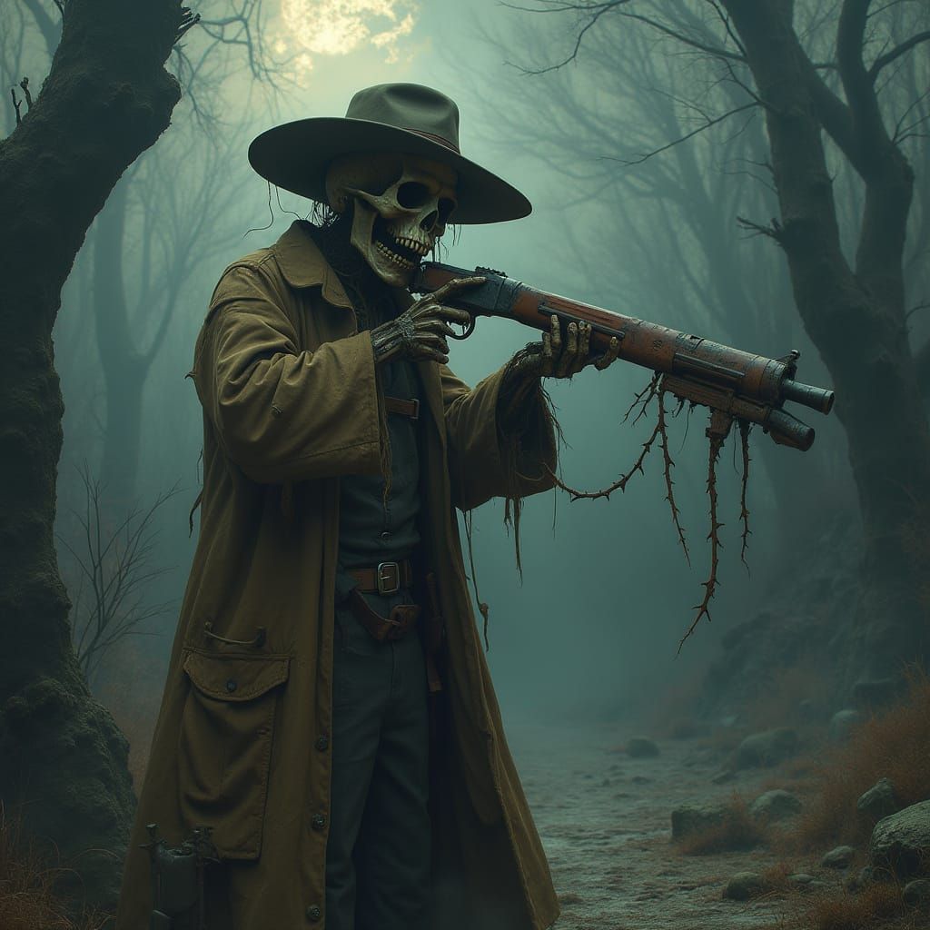 Haunted American Skeleton Devours Tattered Rifle