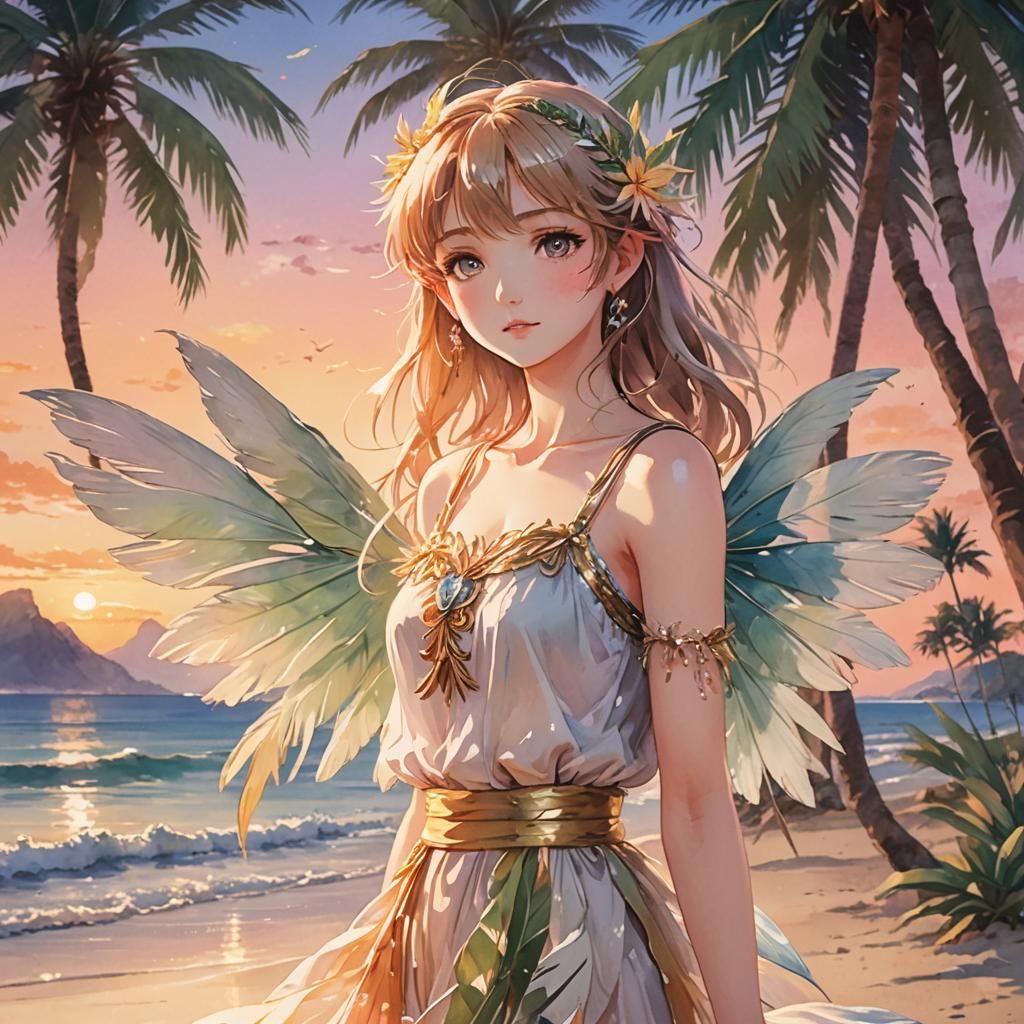 Anime Fairy on Beach at Sunset