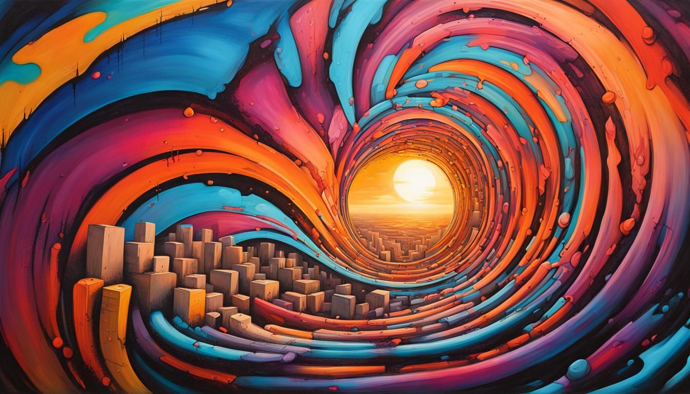 Fibonacci Spiral Sunset in Graffiti Art Style