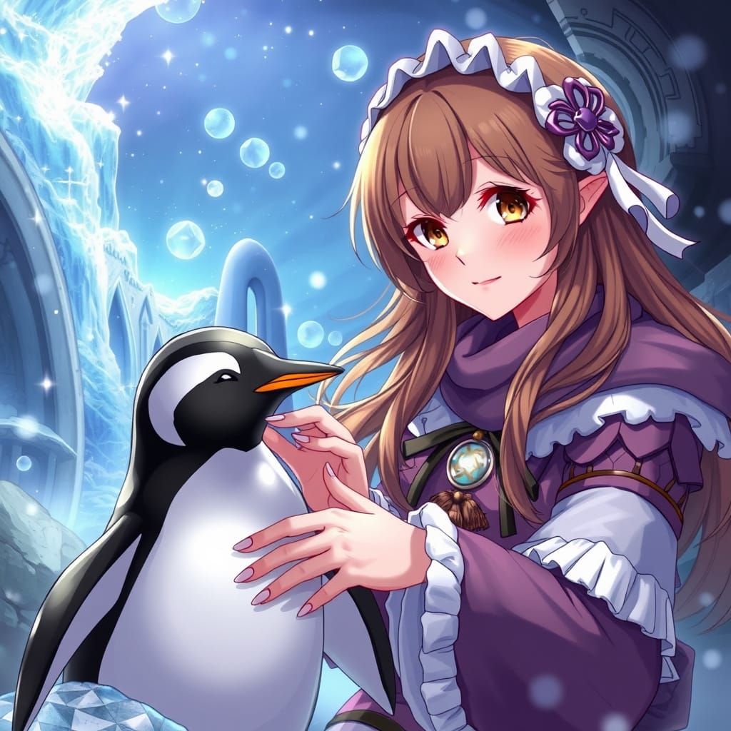 Anime Woman and Penguin in Fantasy World