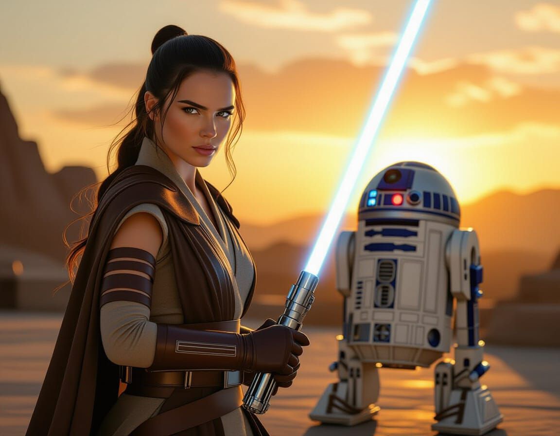 Jedi Knight with Blue Lightsaber and R2 Droid at Sunset