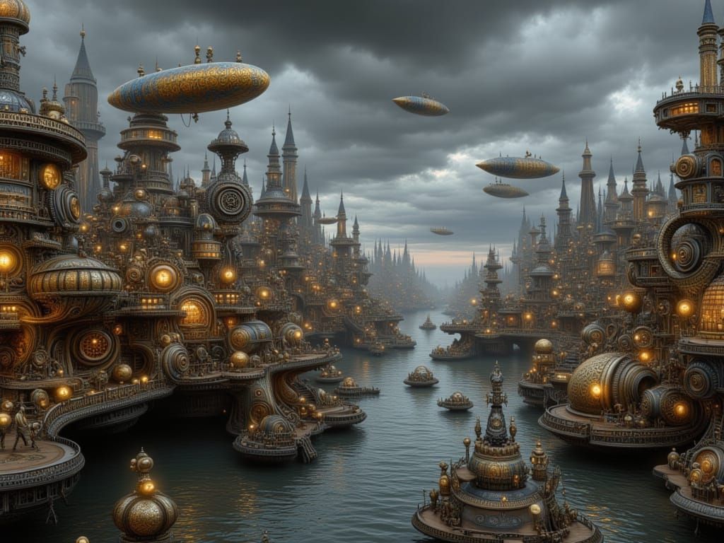 Victorian Steampunk City Harbour with Clockwork Details